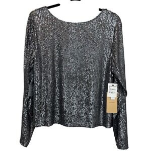 Halogen Womens Metallic Dark Grey Sequin‎ Long Sleeve Scoop Neck Top Size M NWT
